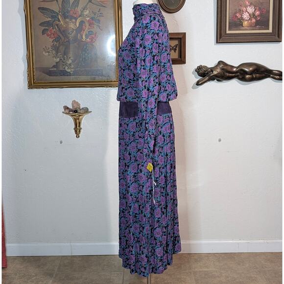 Vintage 80s Patty O'Neil Floral Maxi Dress Purple Mock Neck Maximalist Bohemian - Picture 2 of 7
